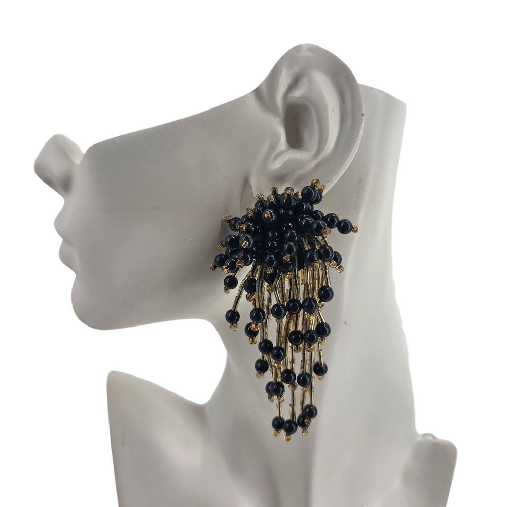 Vintage Black & Gold Beaded Fringe Statement Clip On Earrings